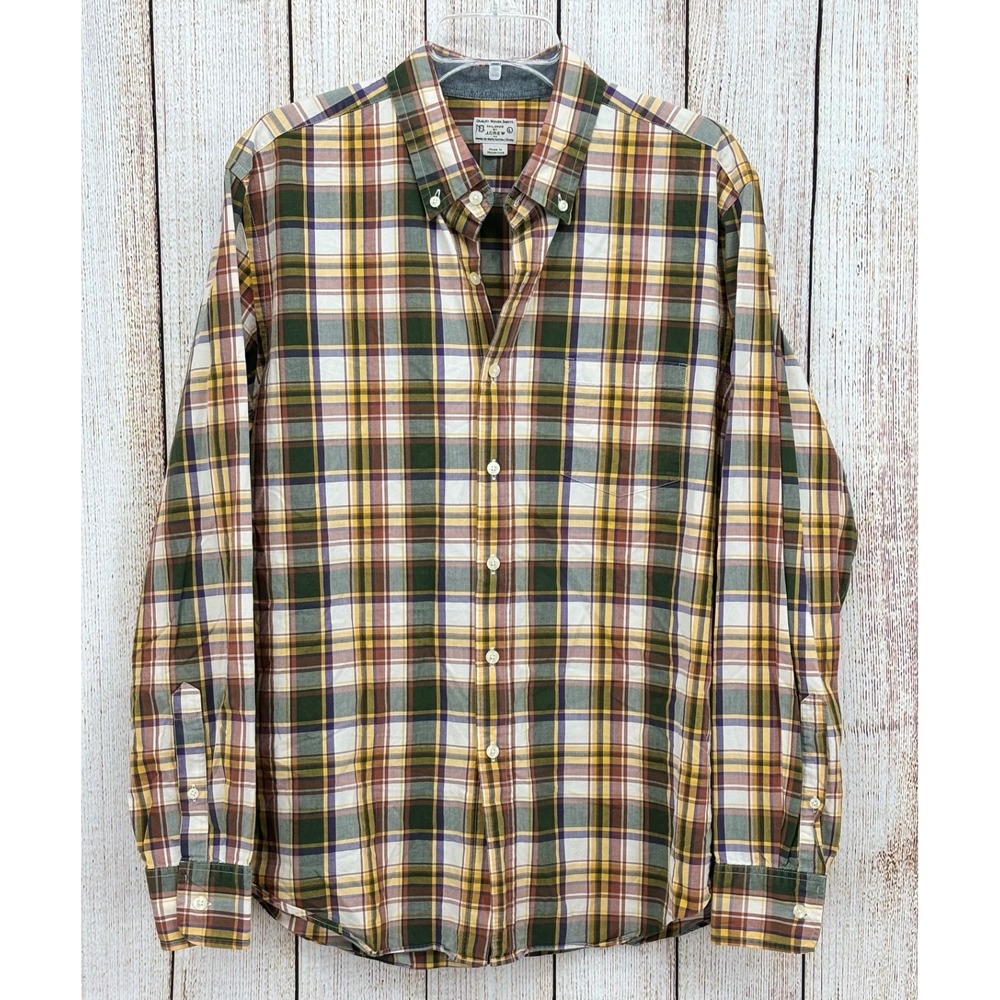 J Crew Tailored Fit Plaid Shirt Large Green Yellow Button-Down Cotton Casual